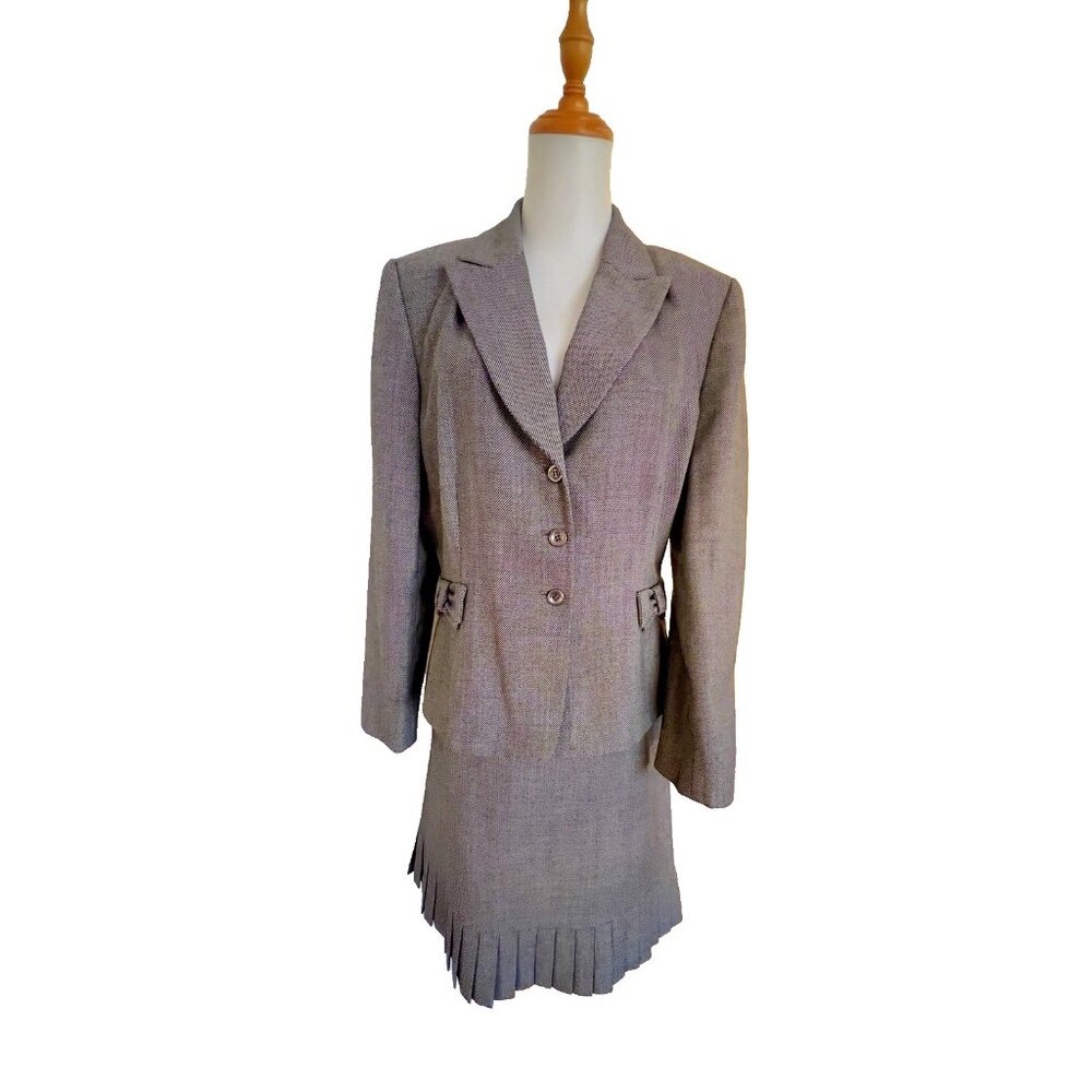 TAHARI Women's Sz 12 Tweed Suit Arthur S Levine Black Wht Wool Poly Blend Lined